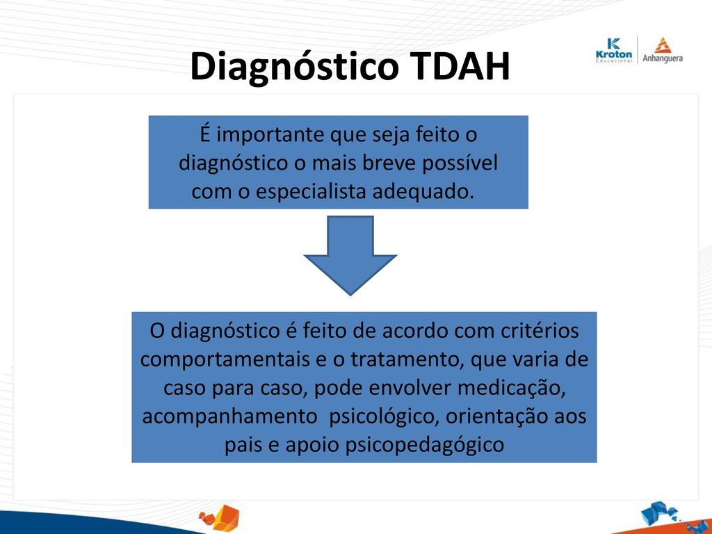 Diagnóstico TDAH É importante que seja feito o diagnóstico o mais breve possível com o especialista adequado.