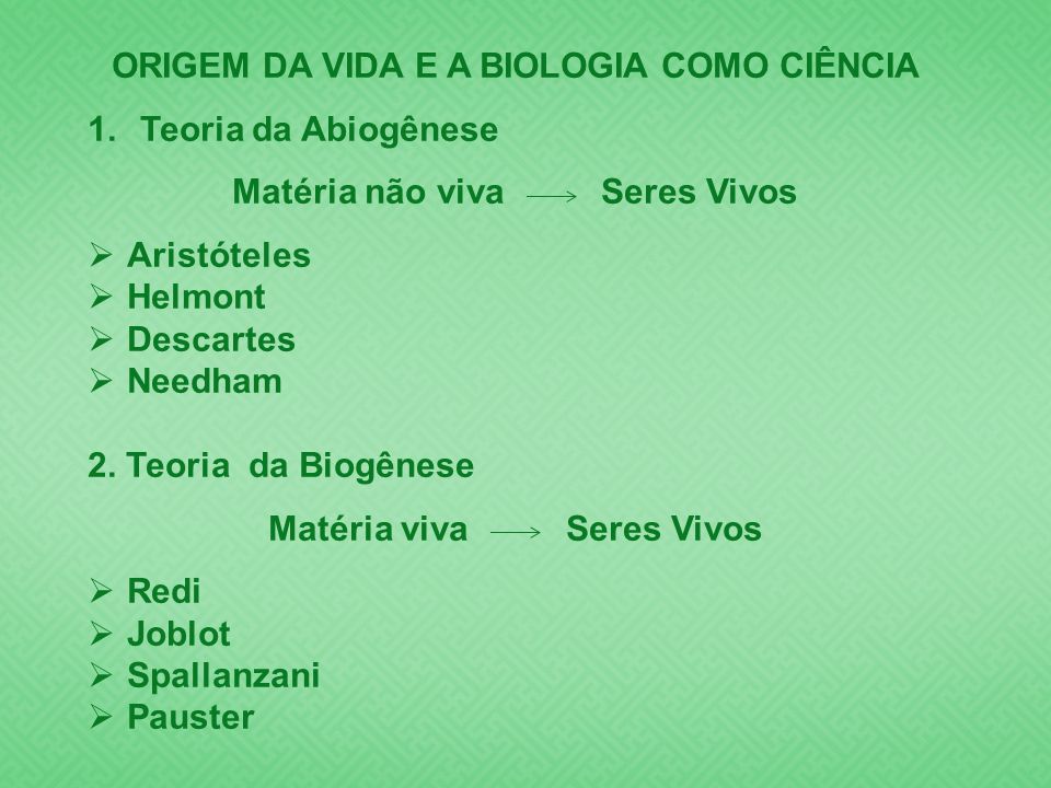 ORIGEM DA VIDA E A BIOLOGIA COMO CIÊNCIA Teoria da Abiogênese