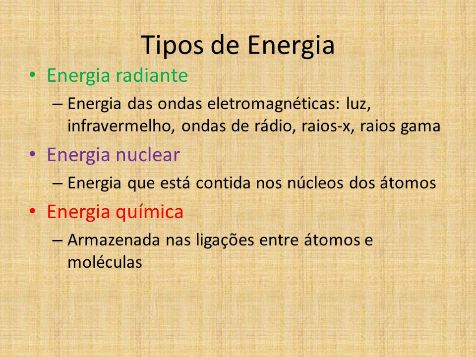 Tipos de Energia Energia radiante Energia nuclear Energia química