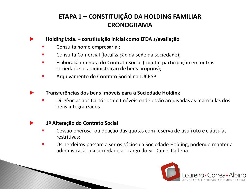 ETAPA 1 – CONSTITUIÇÃO DA HOLDING FAMILIAR CRONOGRAMA