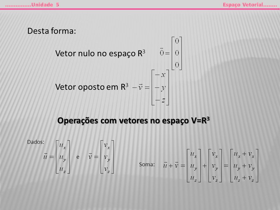 Desta forma: Vetor nulo no espaço R3. Vetor oposto em R3. Operações com vetores no espaço V=R3. Dados: