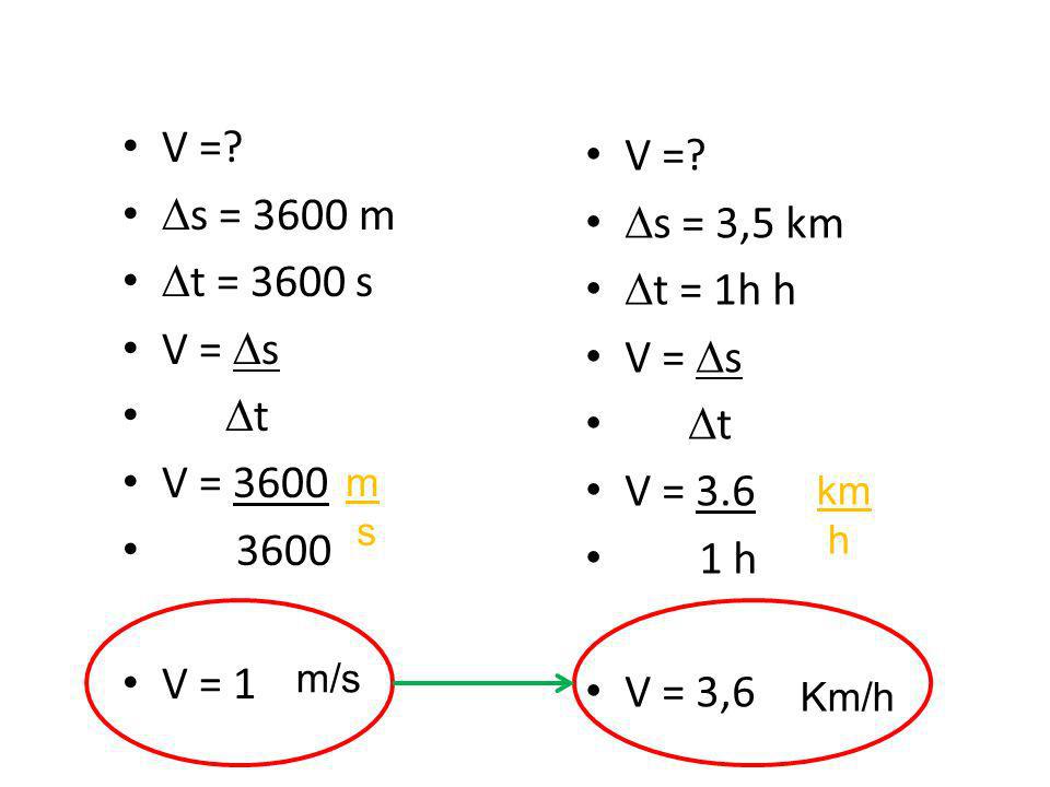 V = V = s = 3600 m s = 3,5 km t = 3600 s t = 1h h V = s V = s
