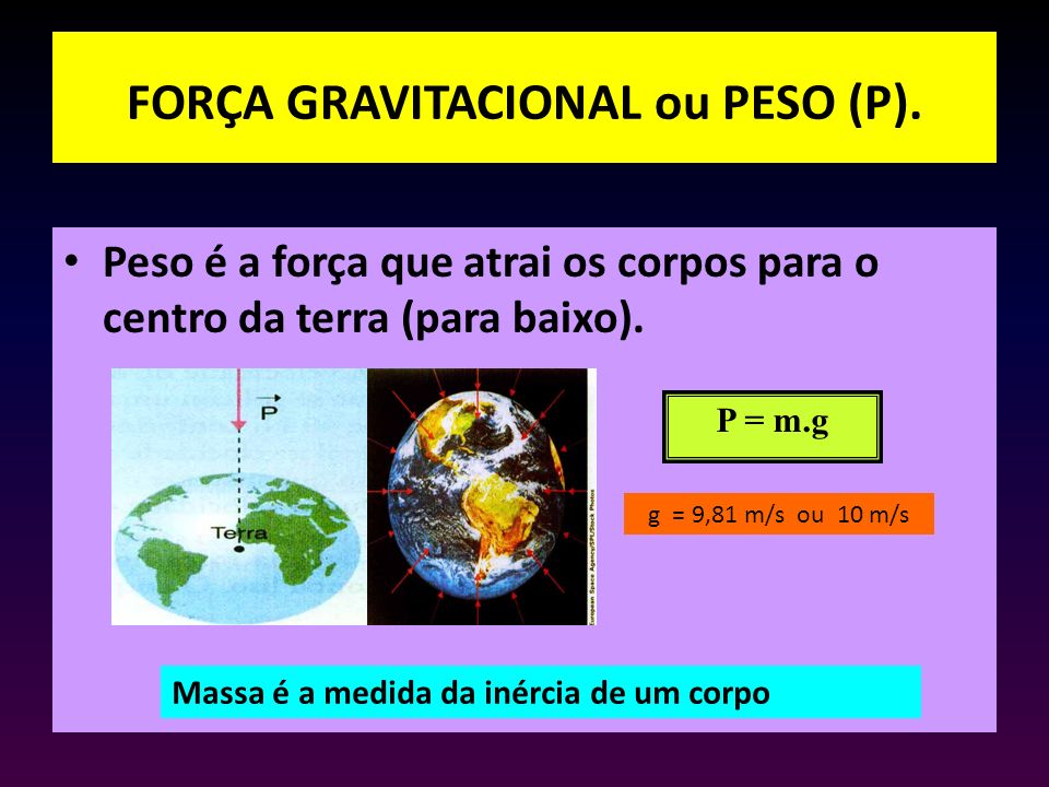 FORÇA GRAVITACIONAL ou PESO (P).