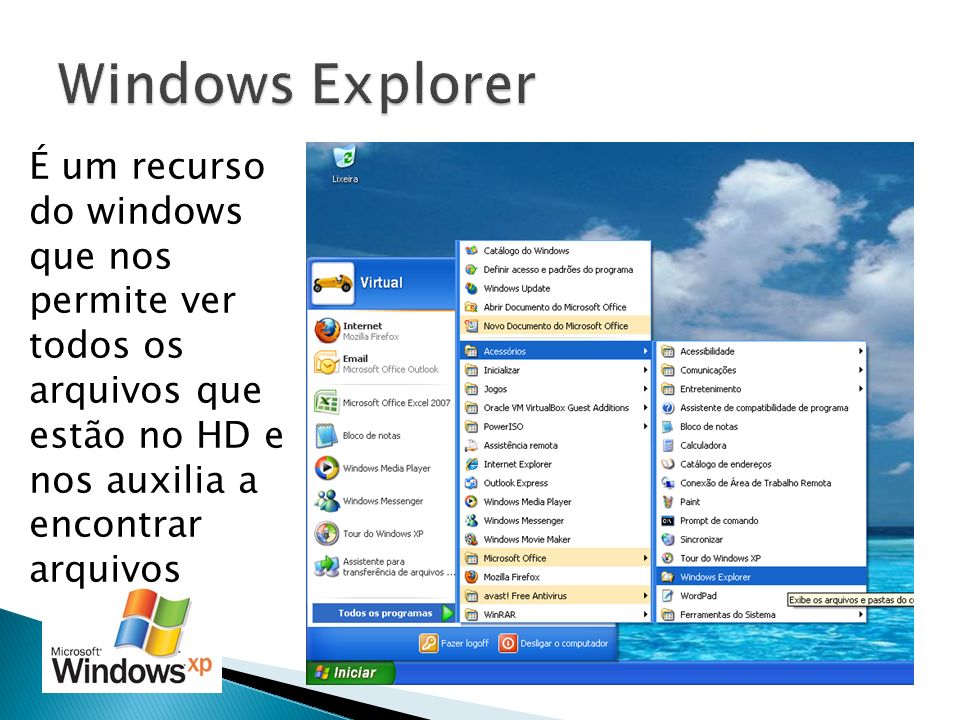 Windows Explorer É um recurso do windows que nos permite ver todos os arquivos que estão no HD e nos auxilia a encontrar arquivos.