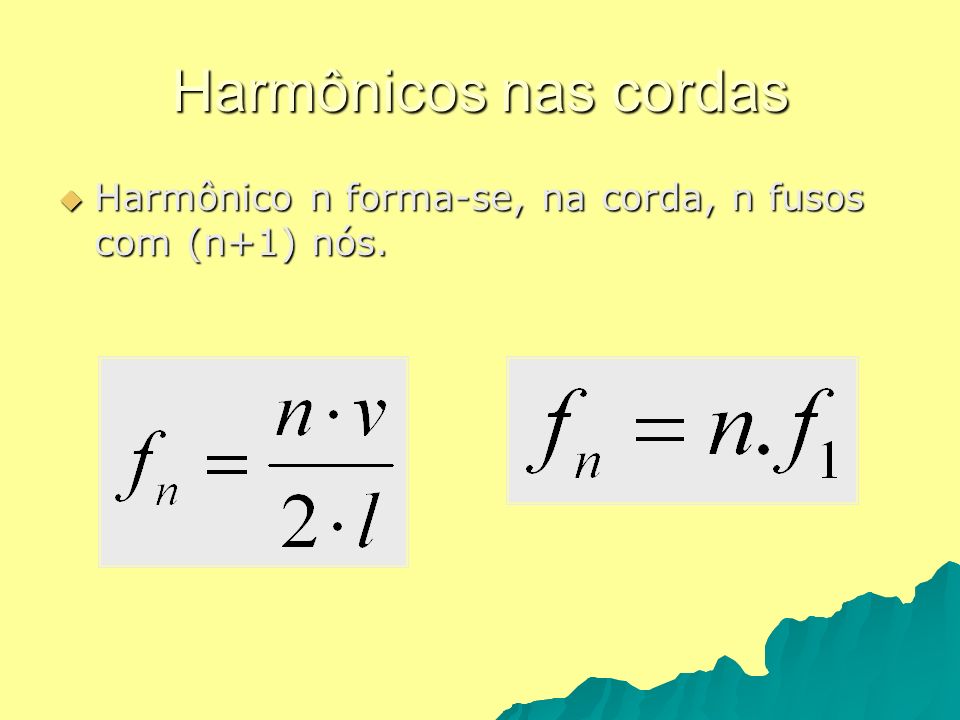 Harmônicos nas cordas Harmônico n forma-se, na corda, n fusos com (n+1) nós.