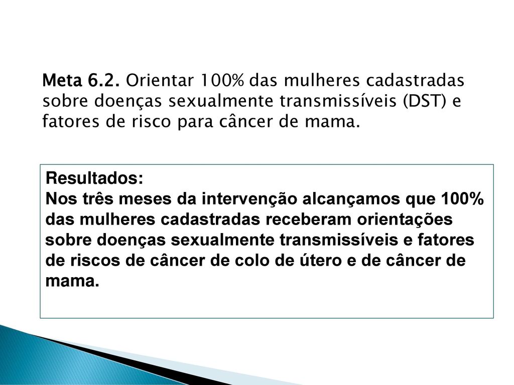 Meta 6.2. Orientar 100% das mulheres cadastradas sobre doenças sexualmente transmissíveis (DST) e fatores de risco para câncer de mama.