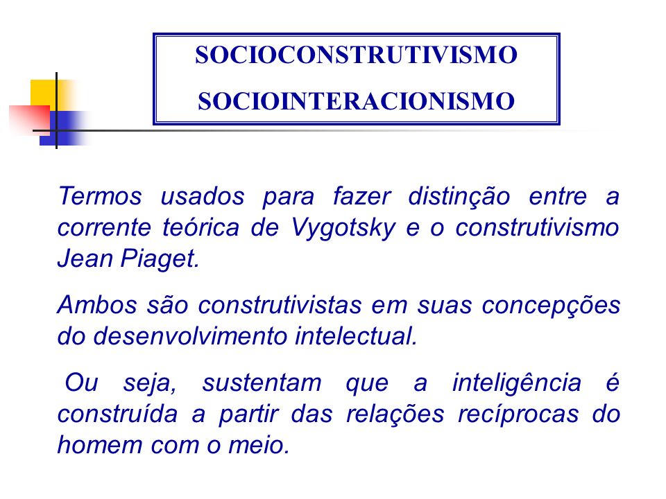 SOCIOCONSTRUTIVISMO SOCIOINTERACIONISMO. Termos usados para fazer distinção entre a corrente teórica de Vygotsky e o construtivismo Jean Piaget.