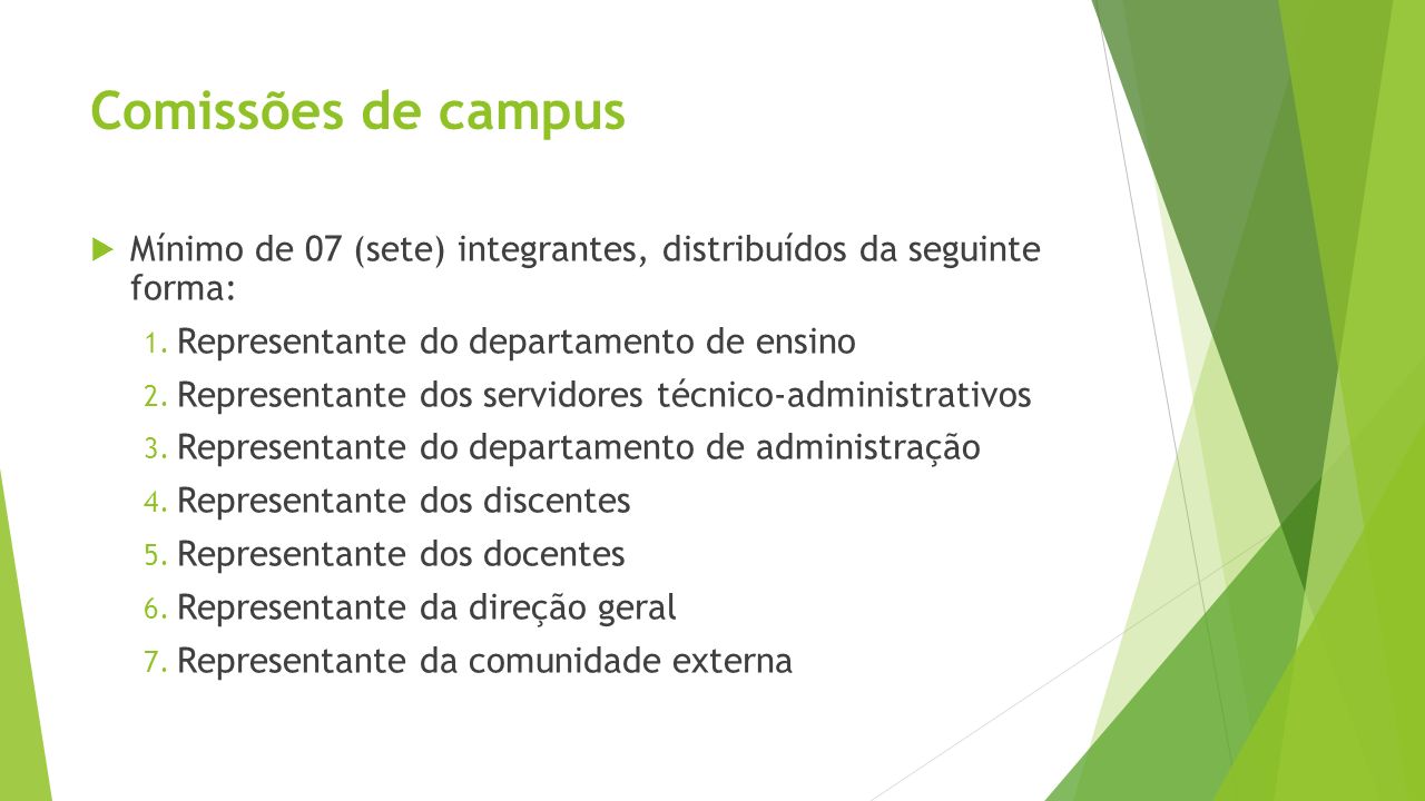 Comissões de campus Mínimo de 07 (sete) integrantes, distribuídos da seguinte forma: Representante do departamento de ensino.