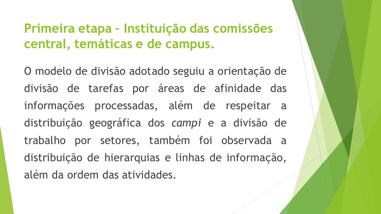 Primeira etapa – Instituição das comissões central, temáticas e de campus.