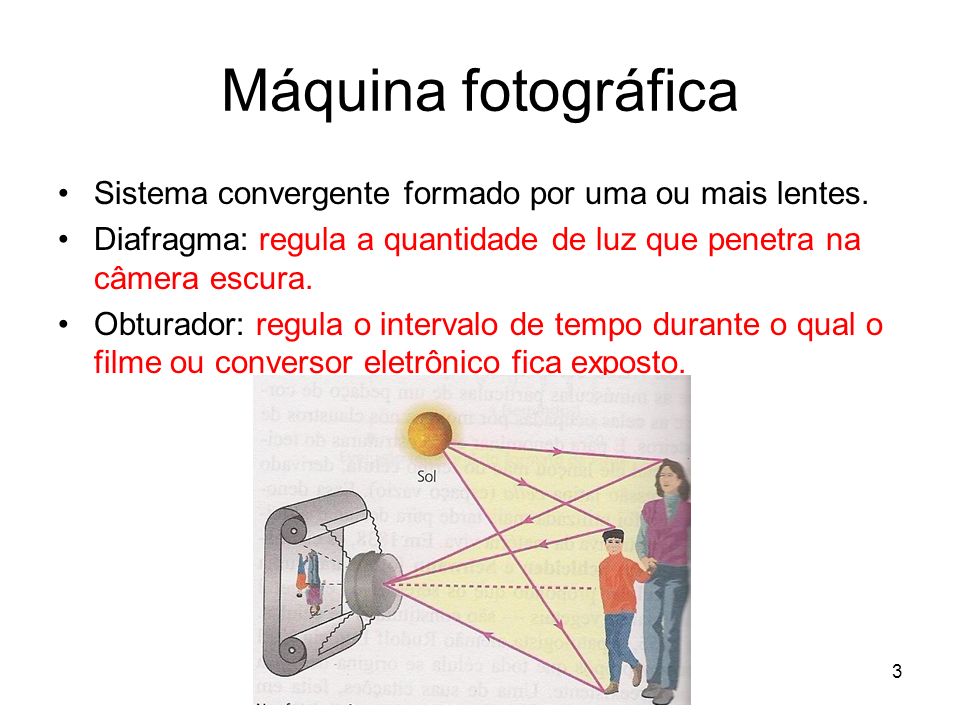 Máquina fotográfica Sistema convergente formado por uma ou mais lentes. Diafragma: regula a quantidade de luz que penetra na câmera escura.