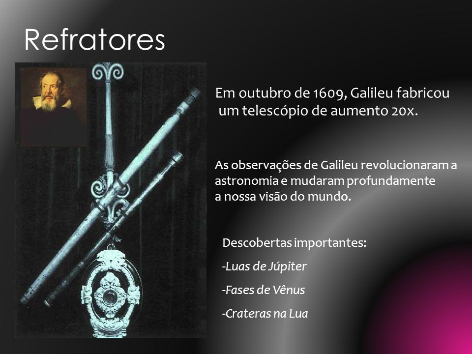 Refratores Em outubro de 1609, Galileu fabricou