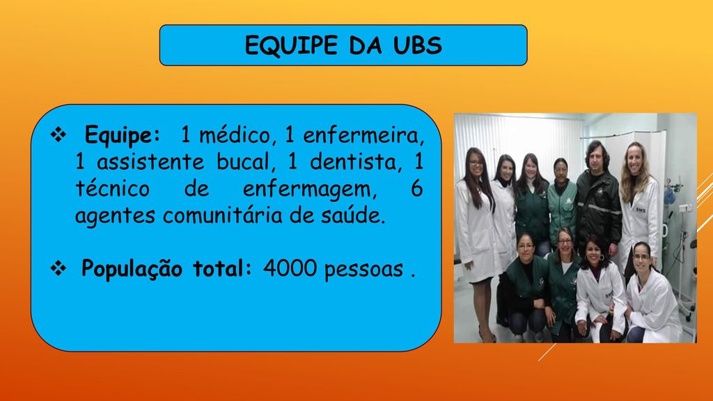 EQUIPE DA UBS Equipe: 1 médico, 1 enfermeira, 1 assistente bucal, 1 dentista, 1 técnico de enfermagem, 6 agentes comunitária de saúde.