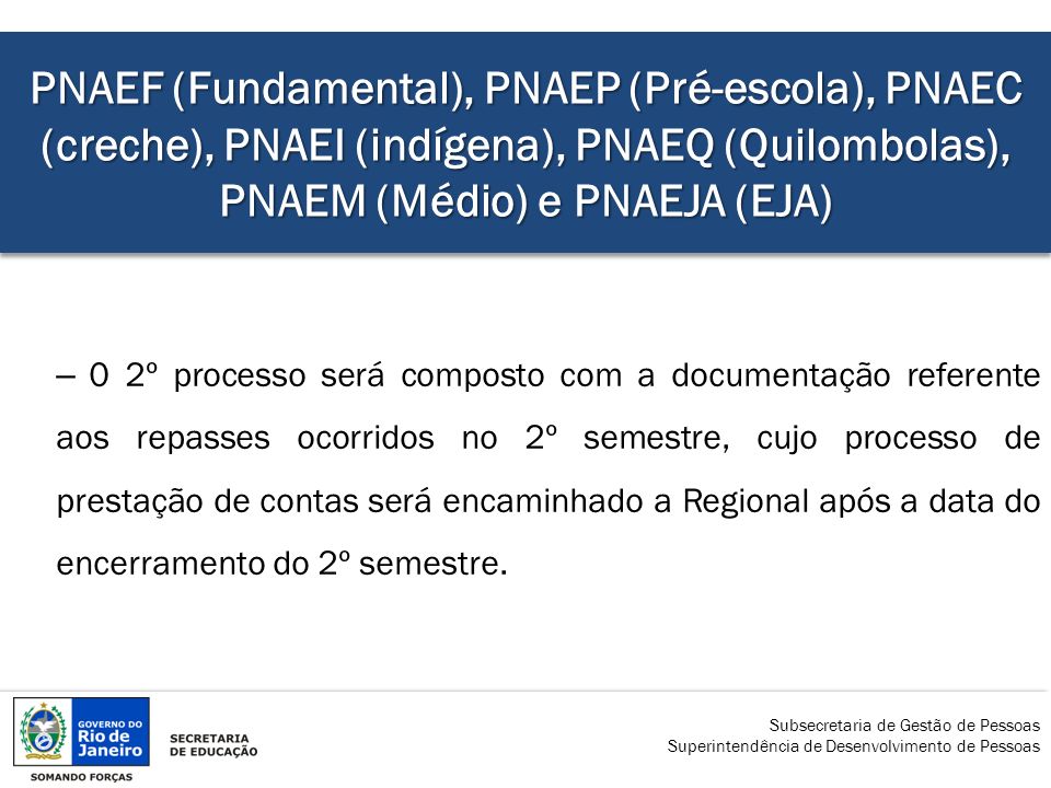 PNAEF (Fundamental), PNAEP (Pré-escola), PNAEC (creche), PNAEI (indígena), PNAEQ (Quilombolas), PNAEM (Médio) e PNAEJA (EJA)