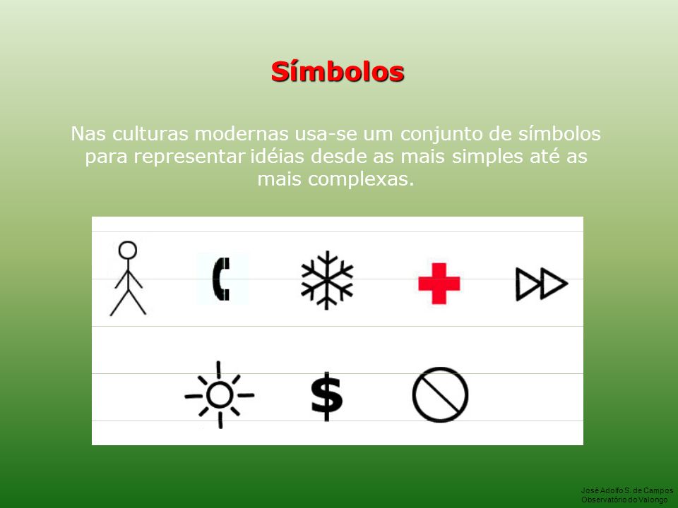 Símbolos Nas culturas modernas usa-se um conjunto de símbolos para representar idéias desde as mais simples até as mais complexas.
