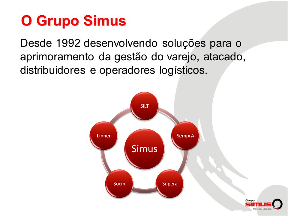O Grupo Simus Desde 1992 desenvolvendo soluções para o aprimoramento da gestão do varejo, atacado, distribuidores e operadores logísticos.