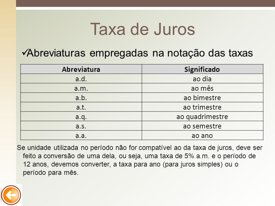 Taxa de Juros Abreviaturas empregadas na notação das taxas Abreviatura