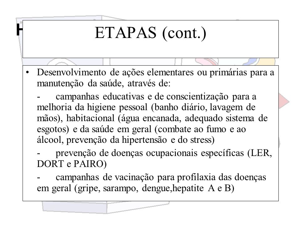 ETAPAS (cont.) Desenvolvimento de ações elementares ou primárias para a manutenção da saúde, através de: