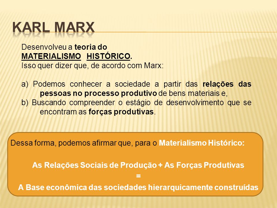 Karl Marx Desenvolveu a teoria do MATERIALISMO HISTÓRICO.