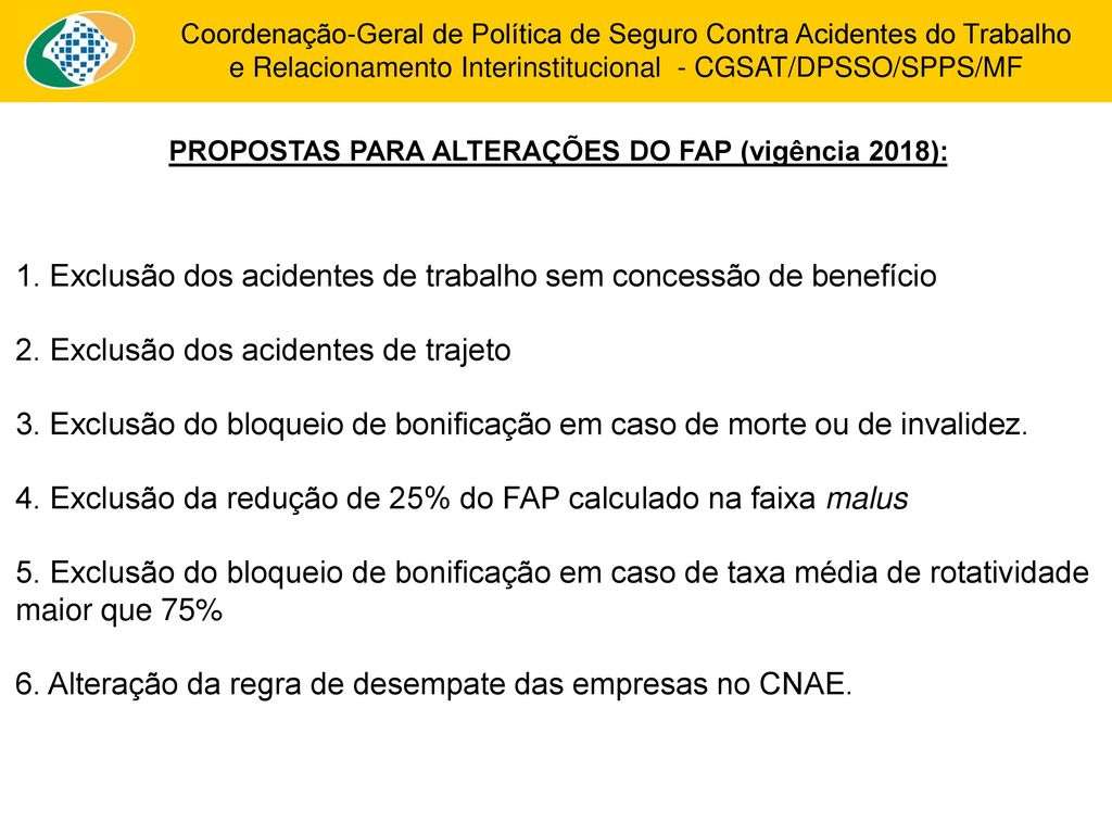 PROPOSTAS PARA ALTERAÇÕES DO FAP (vigência 2018):