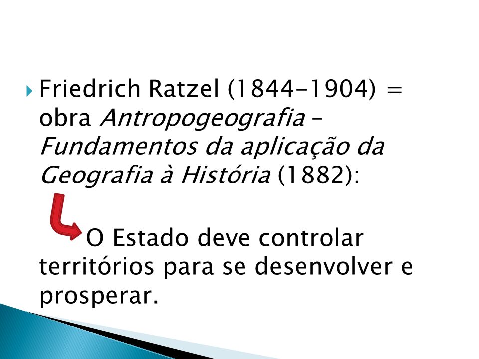 Friedrich Ratzel ( ) = obra Antropogeografia – Fundamentos da aplicação da Geografia à História (1882):