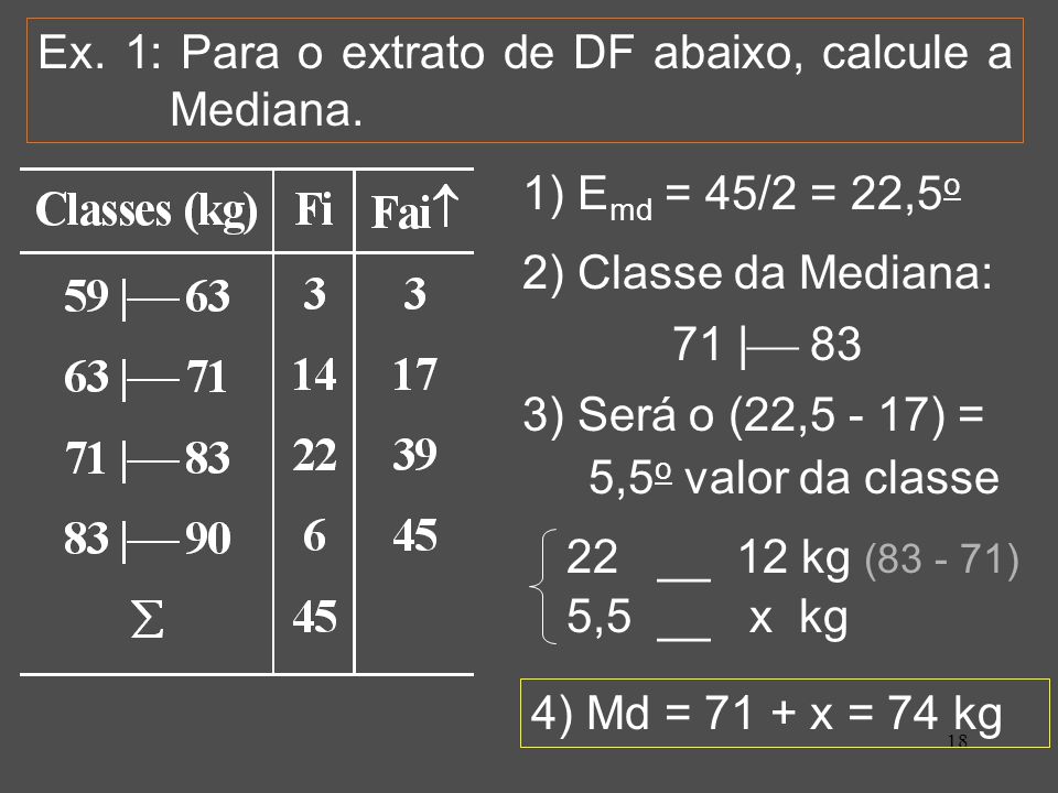 Ex. 1: Para o extrato de DF abaixo, calcule a Mediana.