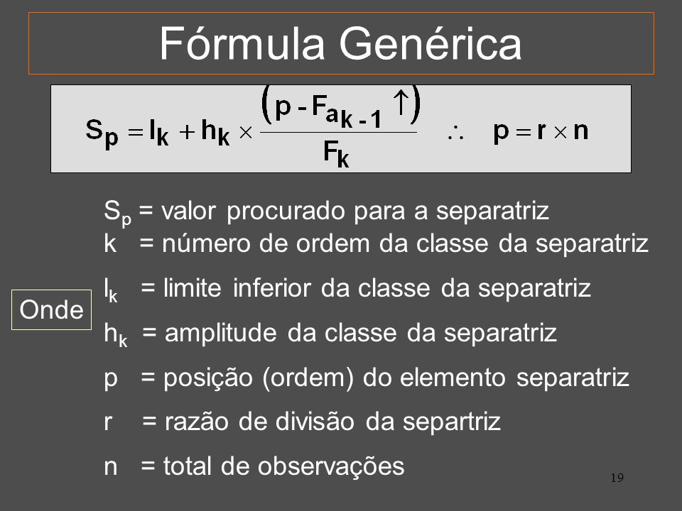 Fórmula Genérica Sp = valor procurado para a separatriz