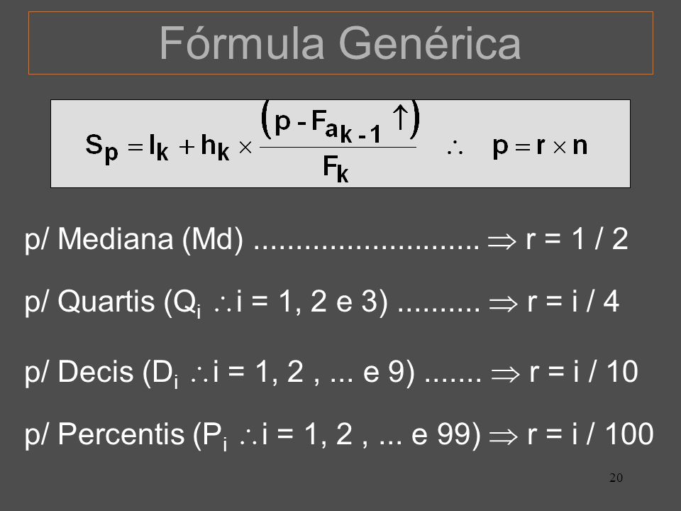Fórmula Genérica p/ Mediana (Md)  r = 1 / 2. p/ Quartis (Qi i = 1, 2 e 3)  r = i / 4.