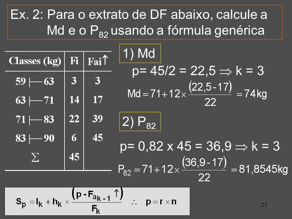 Ex. 2: Para o extrato de DF abaixo, calcule a Md e o P82 usando a fórmula genérica