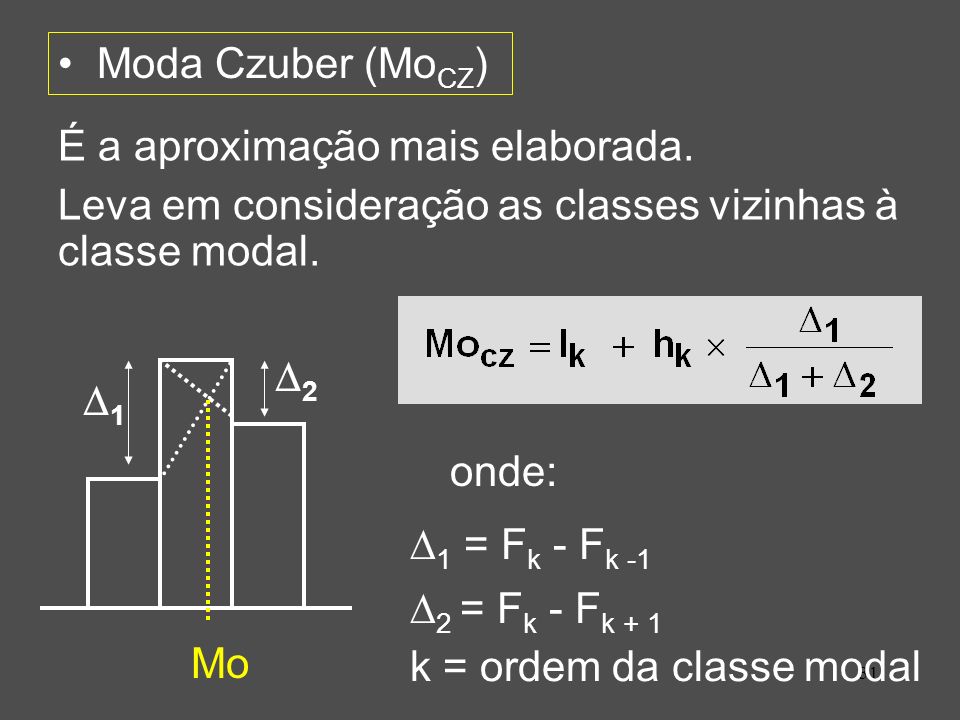 Moda Czuber (MoCZ) É a aproximação mais elaborada. Leva em consideração as classes vizinhas à classe modal.