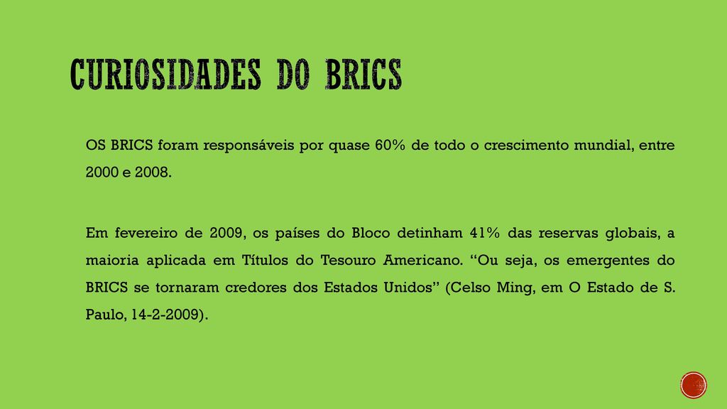 Curiosidades do BRICS OS BRICS foram responsáveis por quase 60% de todo o crescimento mundial, entre 2000 e