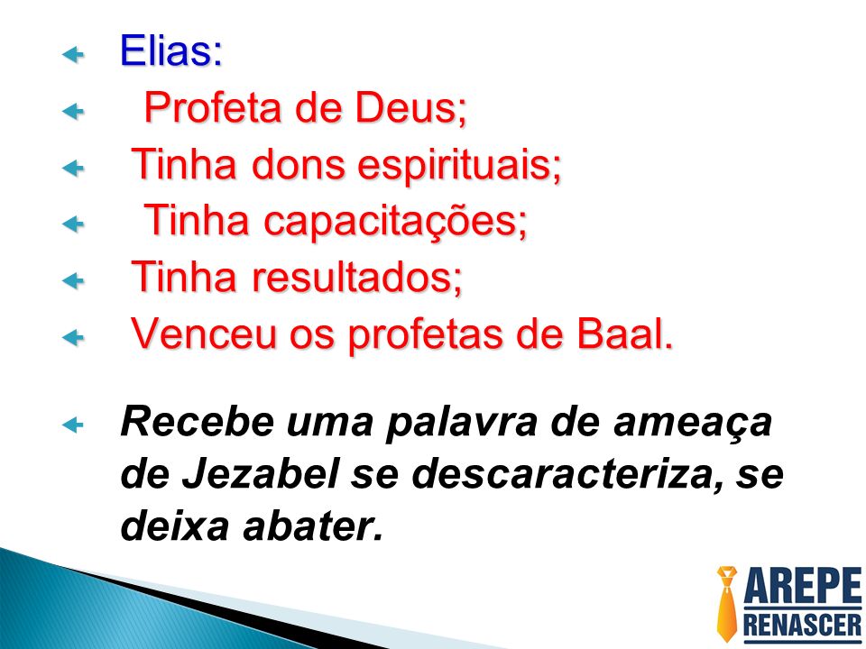 Elias: Profeta de Deus; Tinha dons espirituais; Tinha capacitações; Tinha resultados; Venceu os profetas de Baal.