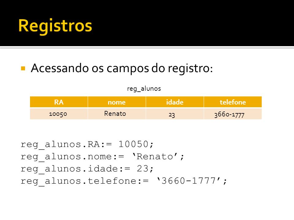 Registros Acessando os campos do registro: reg_alunos.RA:= 10050;
