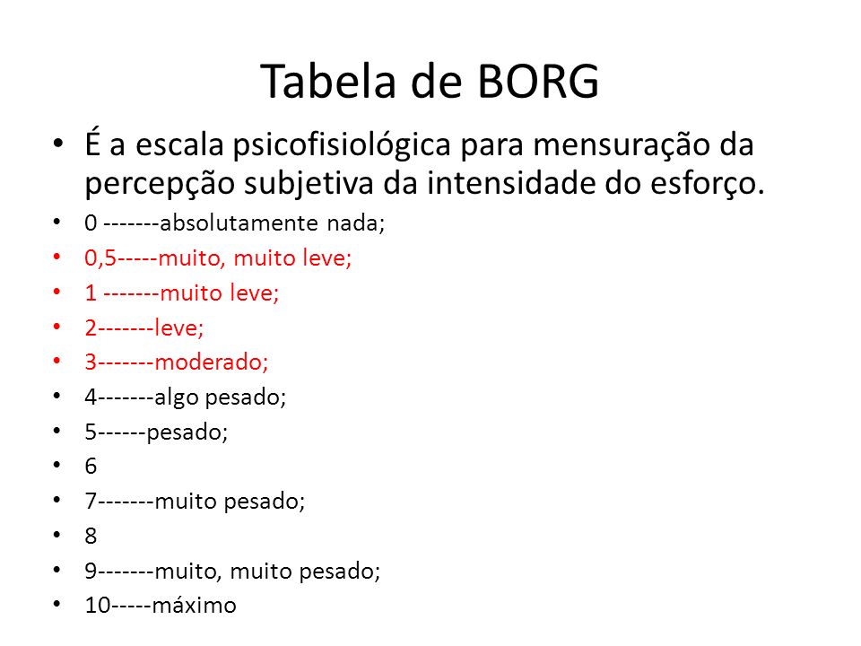 Tabela de BORG É a escala psicofisiológica para mensuração da percepção subjetiva da intensidade do esforço.