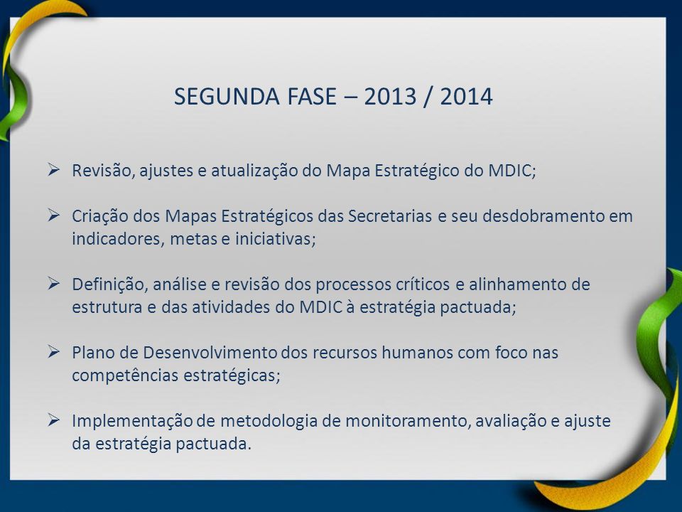 SEGUNDA FASE – 2013 / 2014 Revisão, ajustes e atualização do Mapa Estratégico do MDIC;
