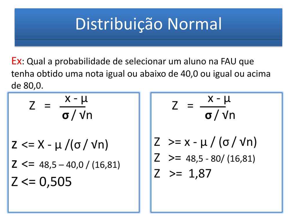 Distribuição Normal Distribuição Normal z <= X - µ /(σ / √n)