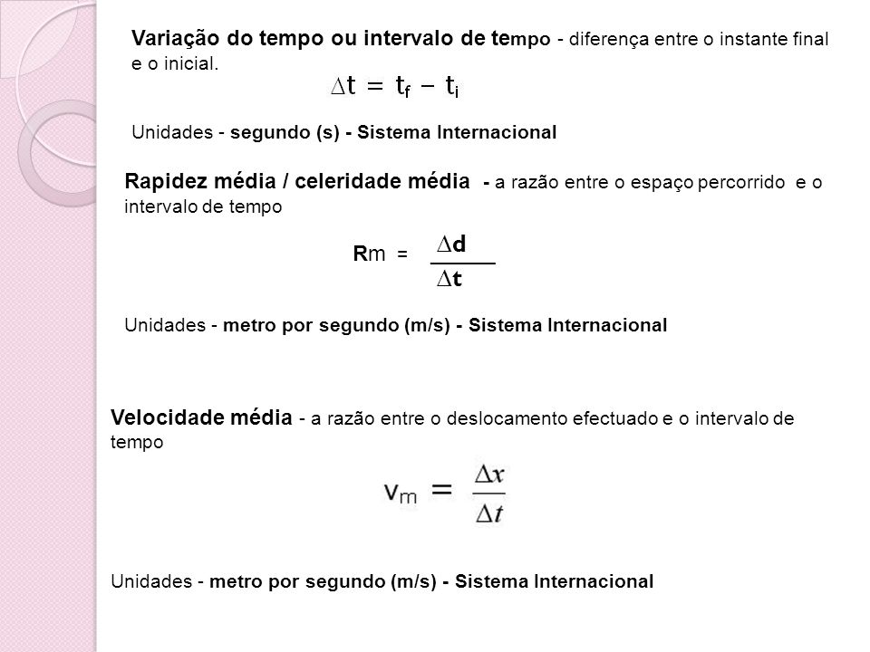 Variação do tempo ou intervalo de tempo - diferença entre o instante final e o inicial.