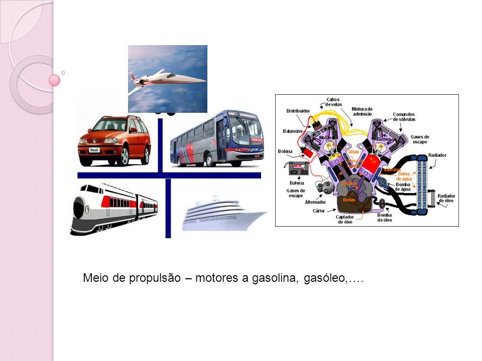 Meio de propulsão – motores a gasolina, gasóleo,….