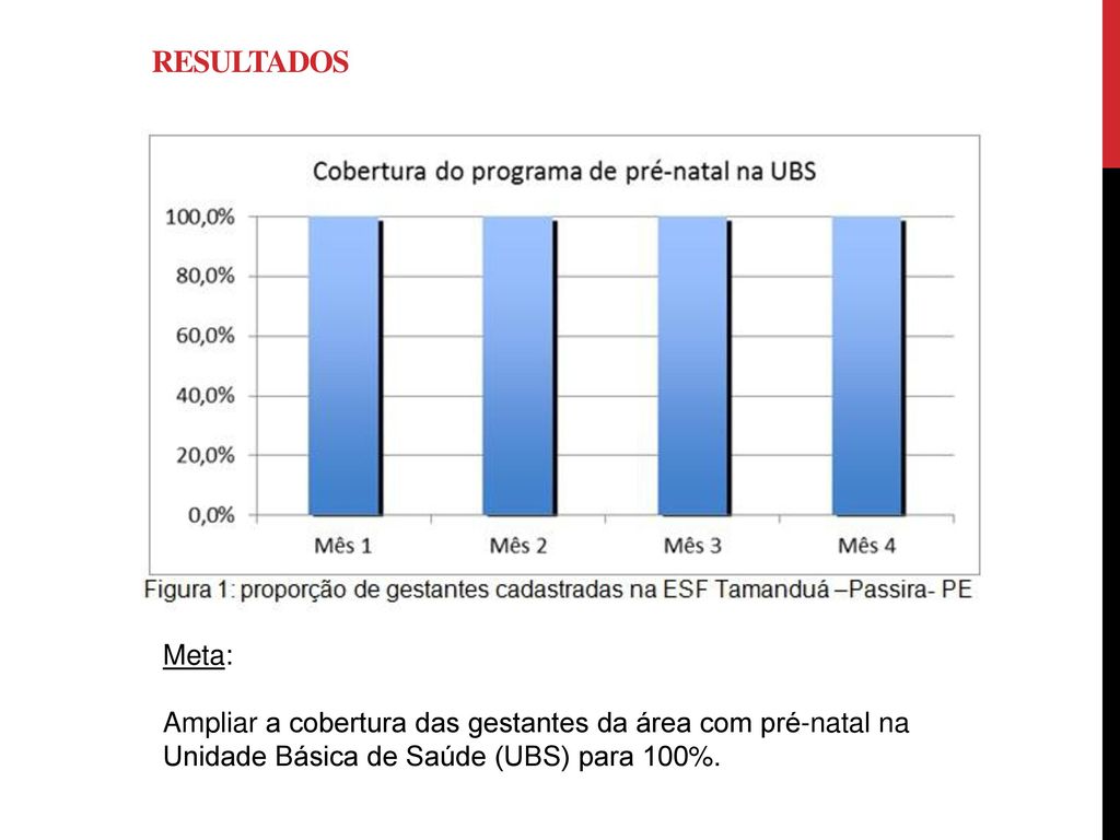 RESULTADOS Meta: Ampliar a cobertura das gestantes da área com pré-natal na Unidade Básica de Saúde (UBS) para 100%.