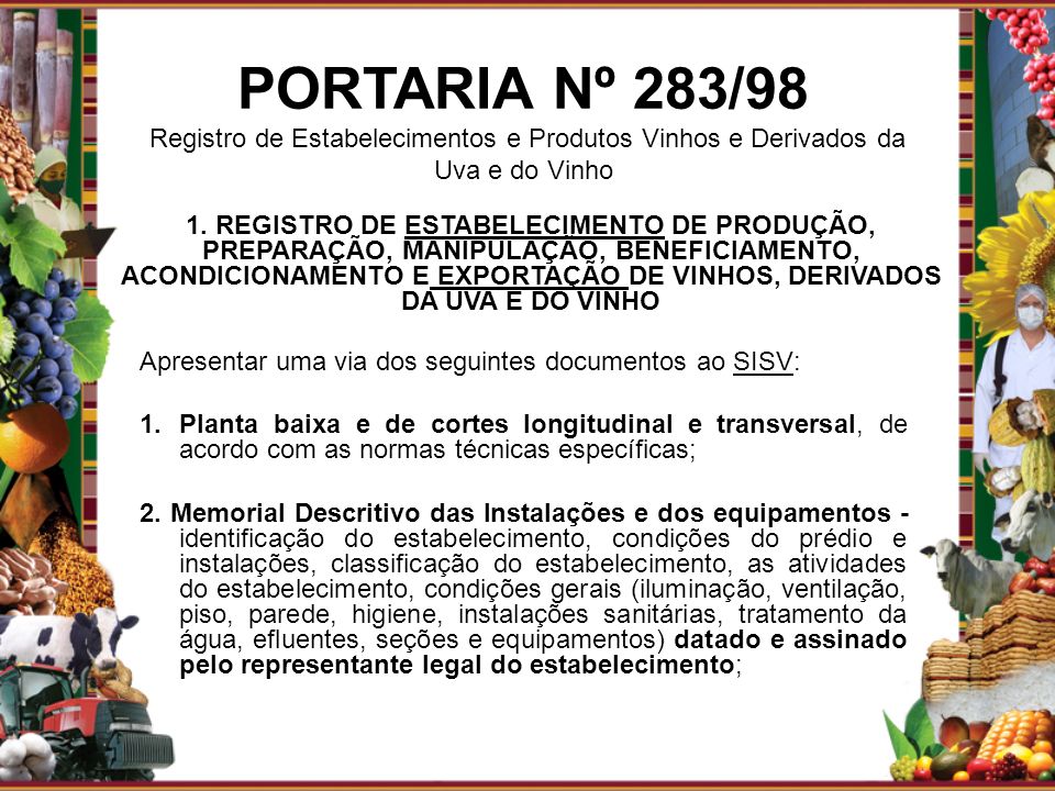 PORTARIA Nº 283/98 Registro de Estabelecimentos e Produtos Vinhos e Derivados da Uva e do Vinho