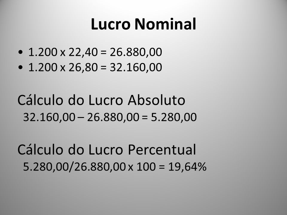 Lucro Nominal Cálculo do Lucro Absoluto Cálculo do Lucro Percentual