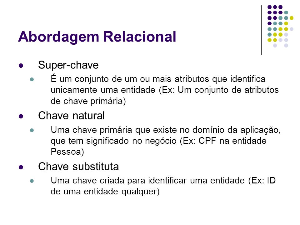 Abordagem Relacional Super-chave Chave natural Chave substituta