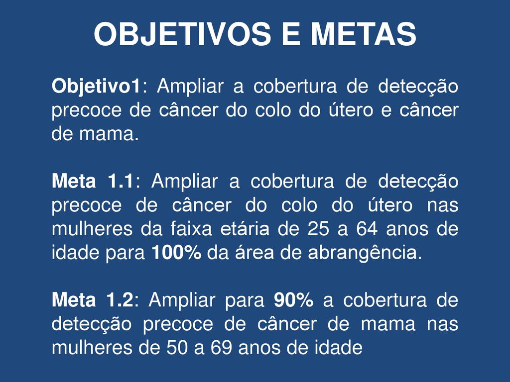 OBJETIVOS E METAS Objetivo1: Ampliar a cobertura de detecção precoce de câncer do colo do útero e câncer de mama.
