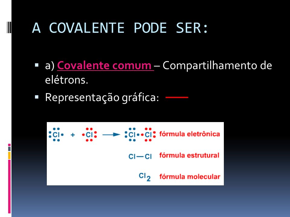 A COVALENTE PODE SER: a) Covalente comum – Compartilhamento de elétrons. Representação gráfica: