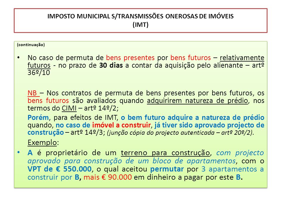 IMPOSTO MUNICIPAL S/ TRANSMISSÕES ONEROSAS DE IMÓVEIS (IMT) - ppt carregar