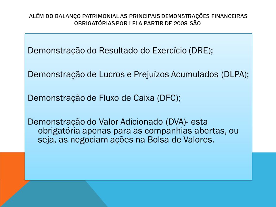 Além do Balanço Patrimonial as principais demonstrações financeiras obrigatórias por lei a partir de 2008 são: