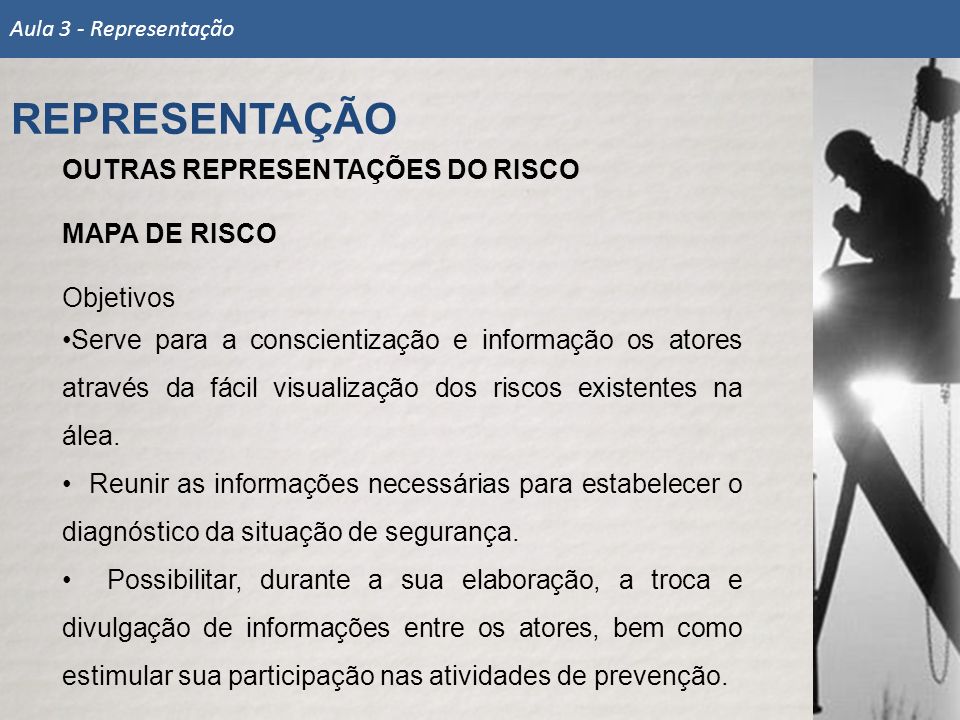 REPRESENTAÇÃO OUTRAS REPRESENTAÇÕES DO RISCO MAPA DE RISCO Objetivos