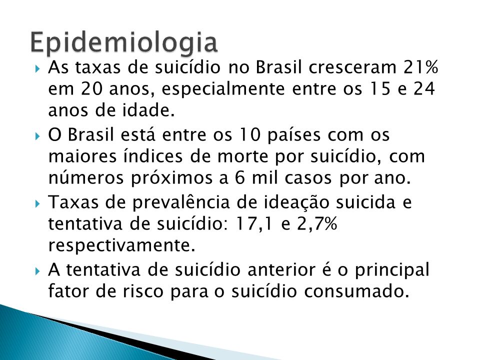 Epidemiologia As taxas de suicídio no Brasil cresceram 21% em 20 anos, especialmente entre os 15 e 24 anos de idade.