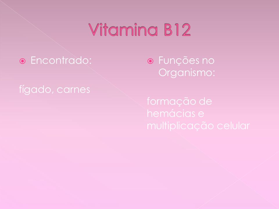 Vitamina B12 Encontrado: fígado, carnes Funções no Organismo: