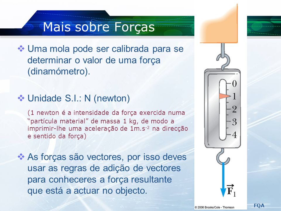 Mais sobre Forças Uma mola pode ser calibrada para se determinar o valor de uma força (dinamómetro).