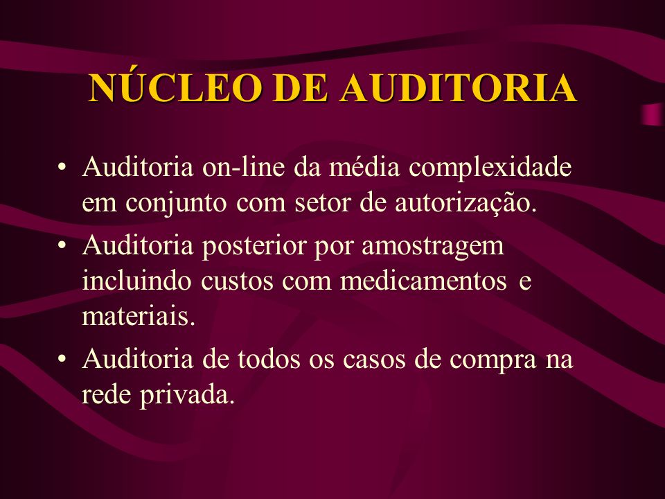 NÚCLEO DE AUDITORIA Auditoria on-line da média complexidade em conjunto com setor de autorização.
